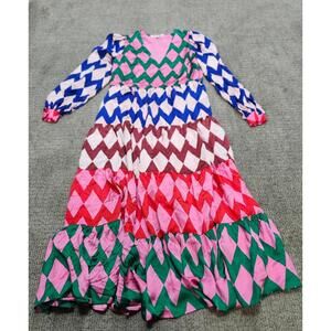Boden Dress Maxi Multi Tiered Multicolor Long Sleeve V Neck Size 8
